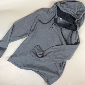Blue and white stripe hooded pullover.